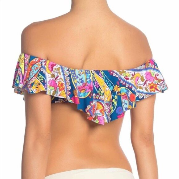 TRINA TURK Off-the-Shoulder Moroccan Paisley Print Bikini Top Dark Teal 10 NWOT - Picture 2 of 12